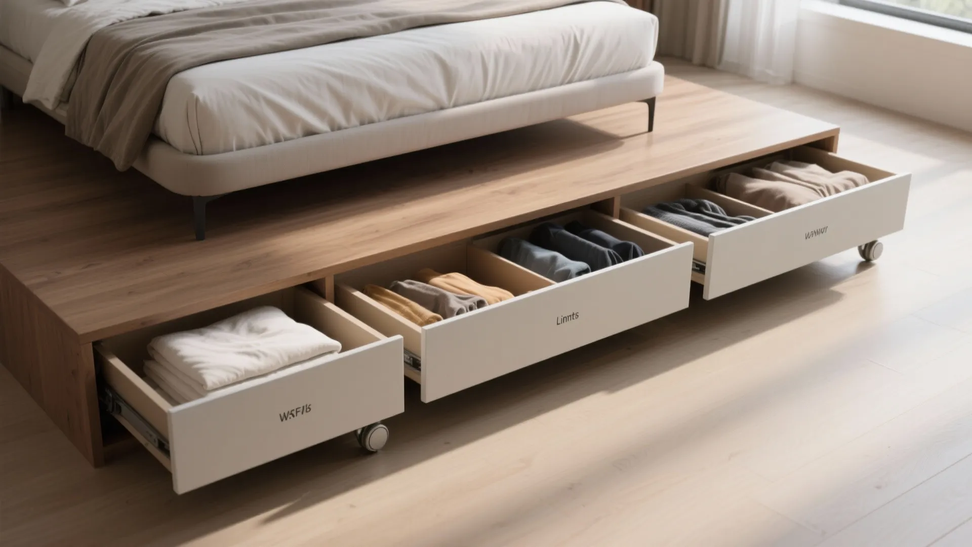 Modern platform bed featuring three pull out storage drawers with wheels for folded clothes storage