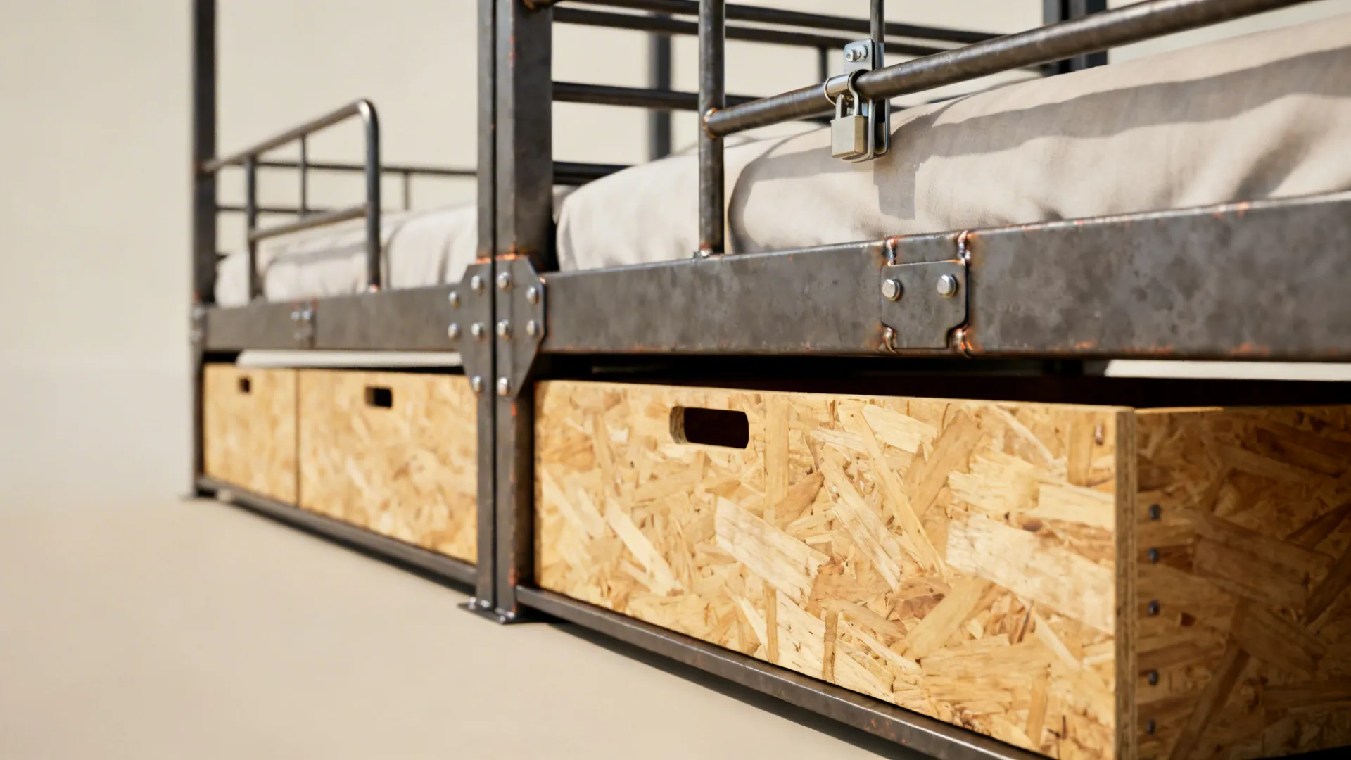 床下柜抽屉细节：胶合板盒型抽屉与钢架接口，展示材料与工艺