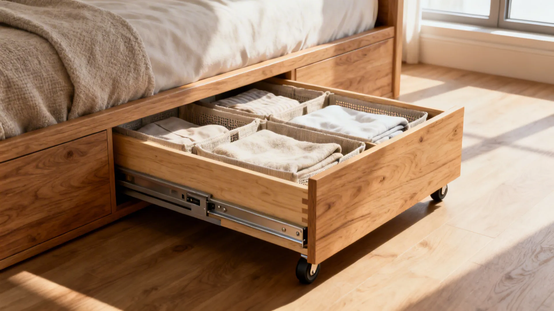 Under-bed pull-out drawers with soft-close slides and fabric bins holding linens