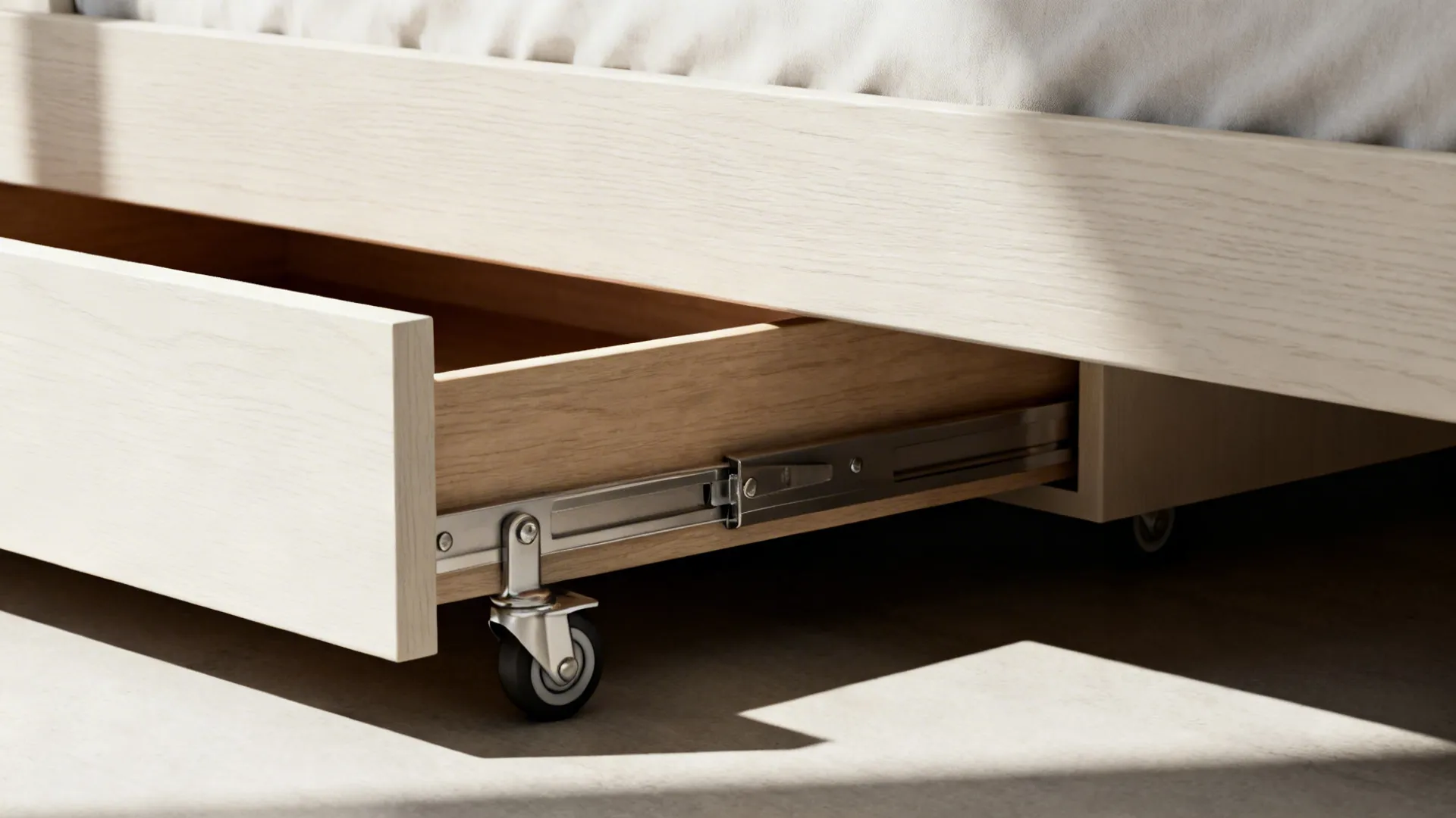 Shallow wooden under-bed drawers on casters pulled out showing mattress clearance and storage.