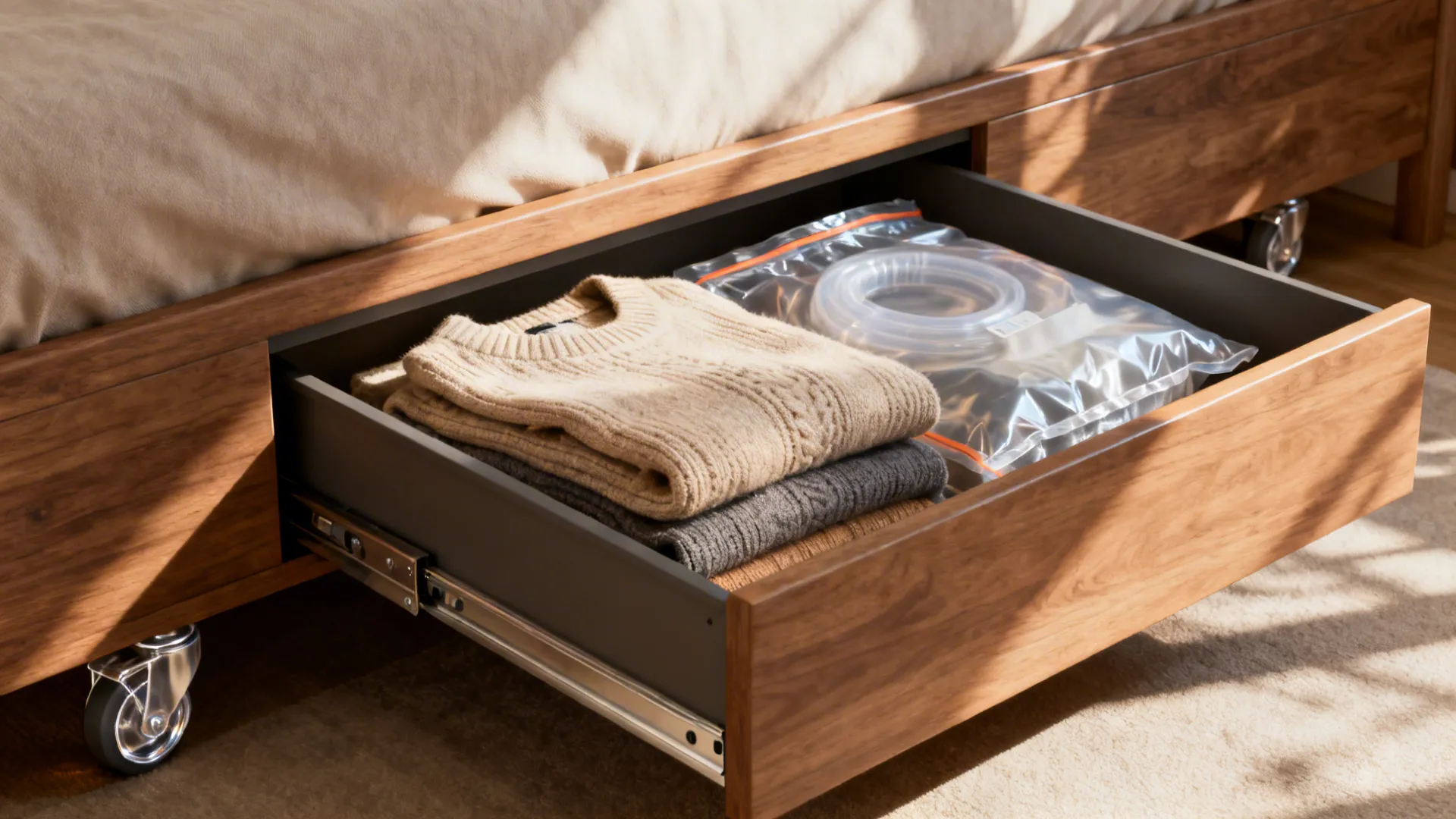 Shallow under-bed drawers on casters with folded sweaters and vacuum bags.