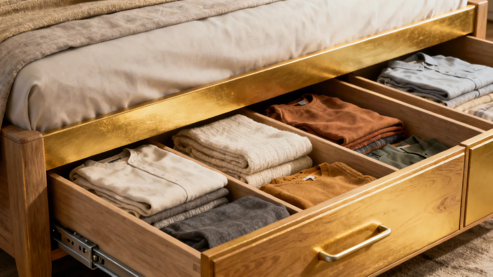 Under-bed drawers with divided compartments storing linens and clothes, detailed wood texture.