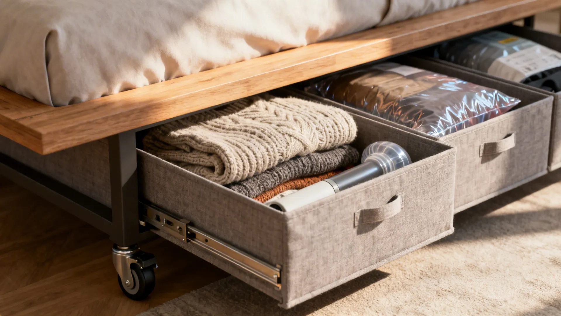 Under-bed pull-out drawers with neatly folded clothes and vacuum bags in a modern bedroom.