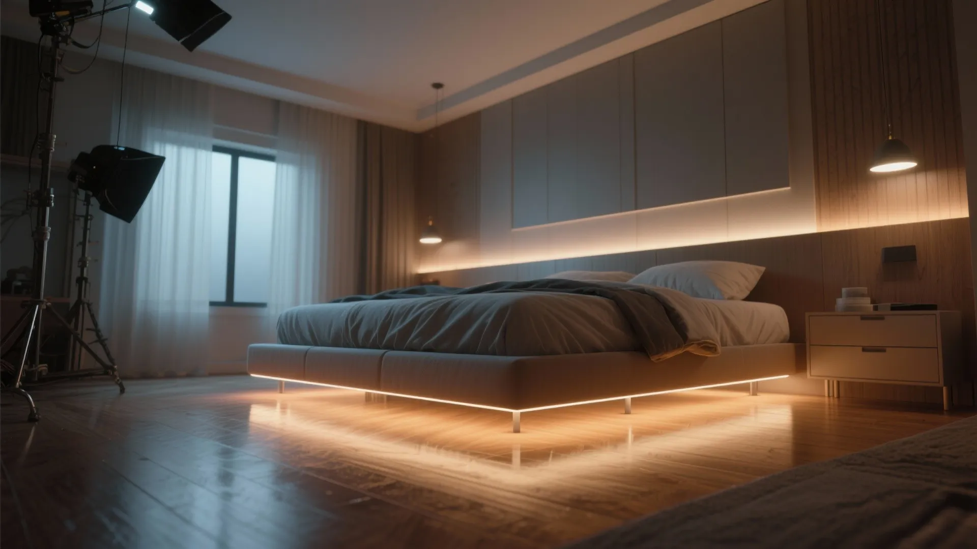 Modern bedroom with glowing light under bed wood floor white nightstand and professional lighting equipment