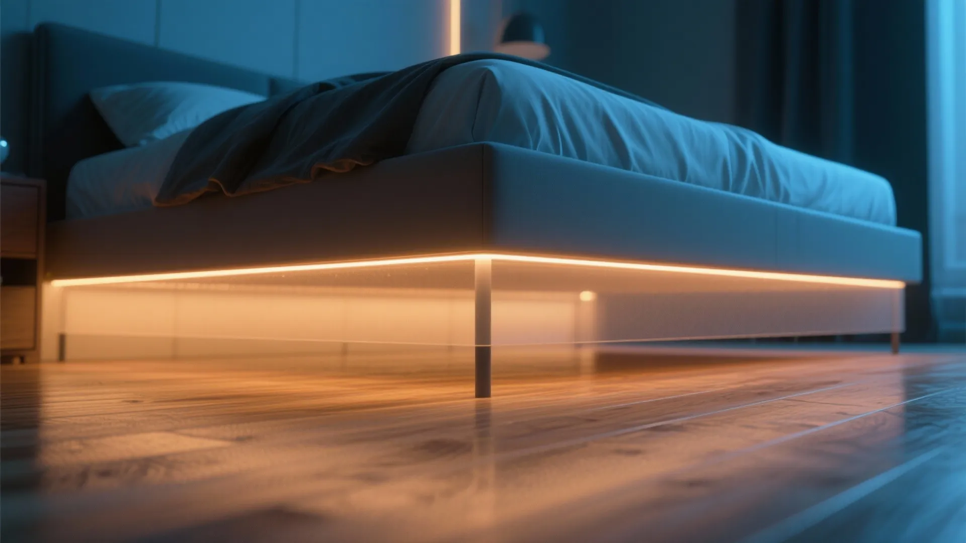 Warm under-bed LED lighting giving a floating effect