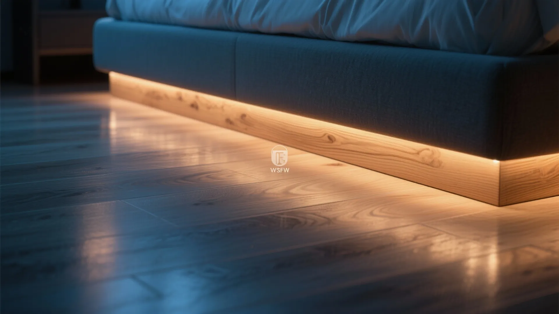 Under-bed LED lighting casting warm glow on pale oak floors