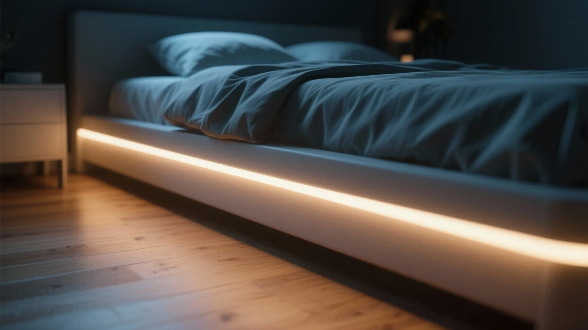 Modern bed frame with warm led light strip underneath on wooden floor in dark bedroom