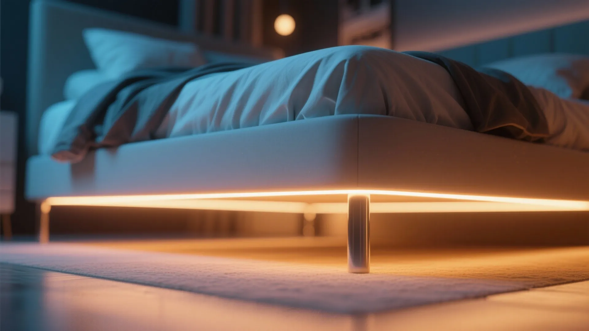 Modern bed with glowing orange light strip underneath placed on a soft grey bedroom rug