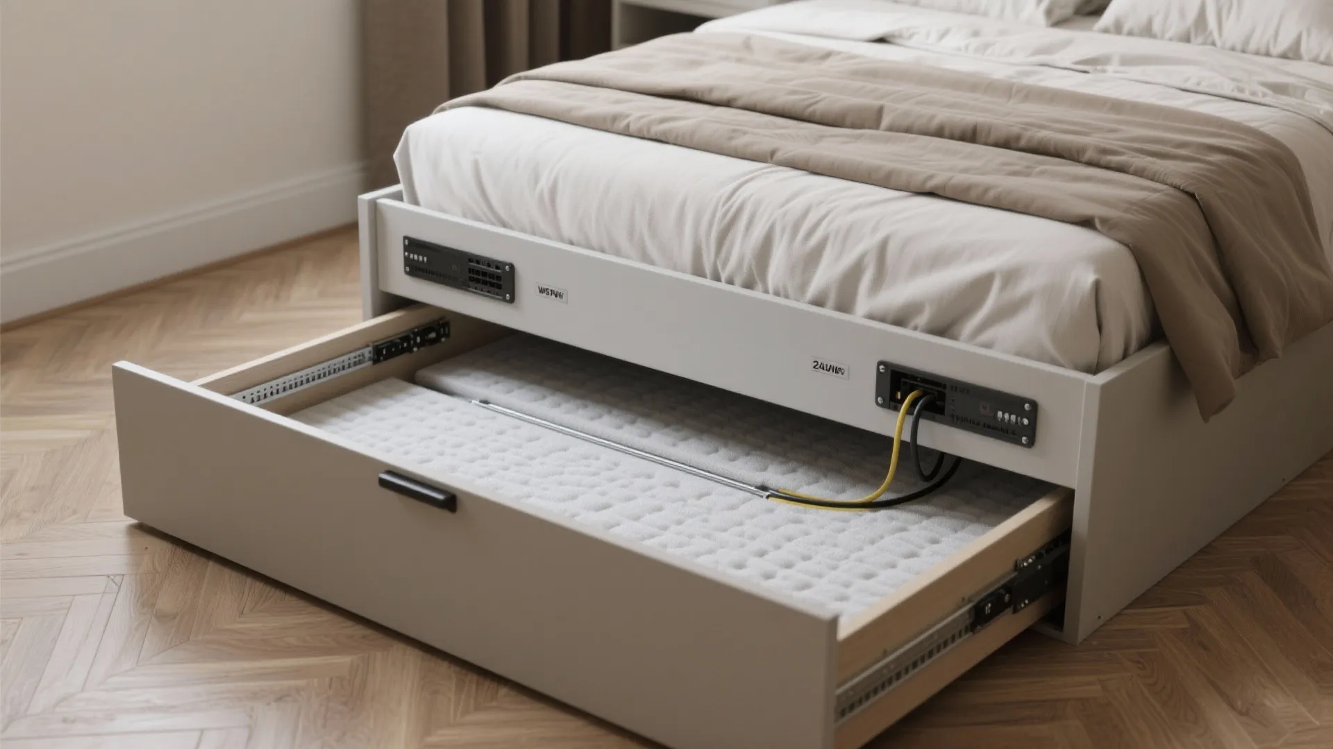 Under-bed slide-out tray holding a foam-lined 2U NAS enclosure with labeled hidden cable channels.