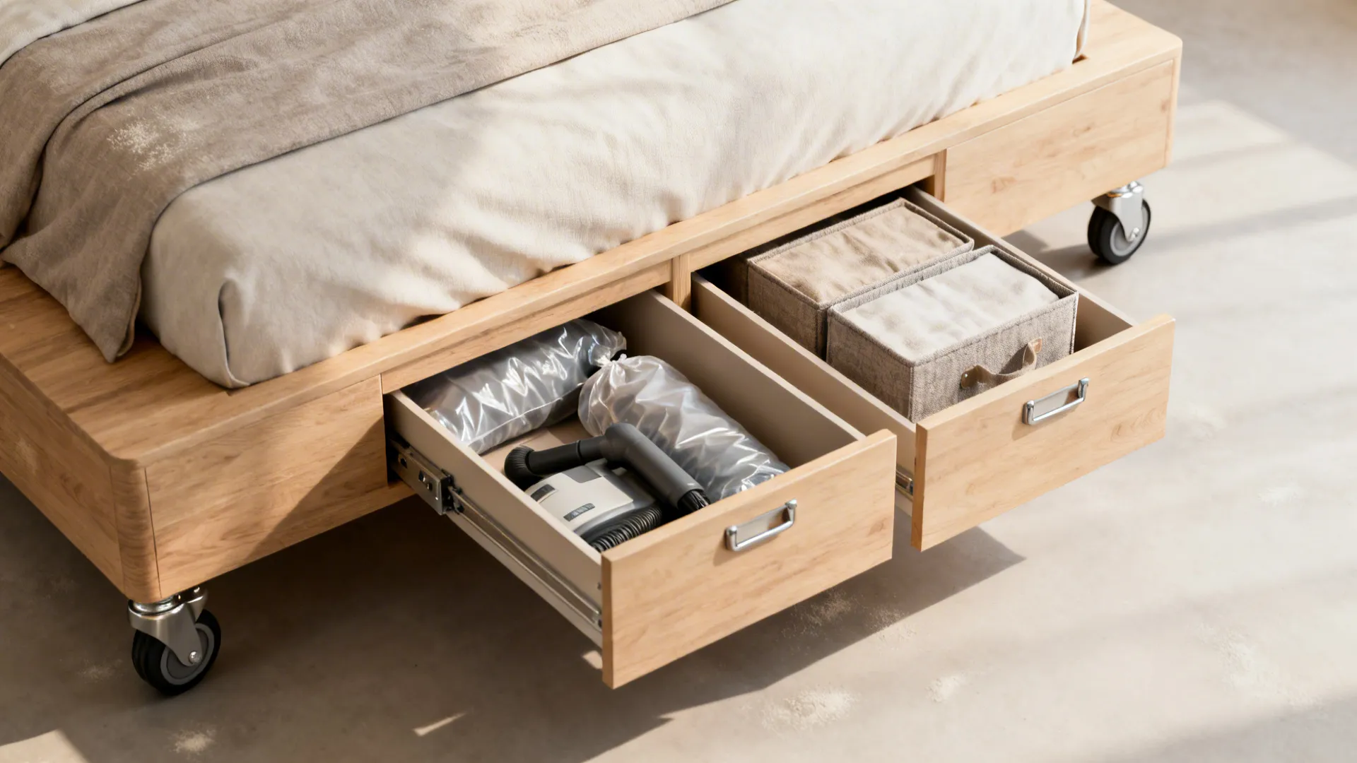 Elevated bed platform with rolling drawers and organized storage boxes underneath