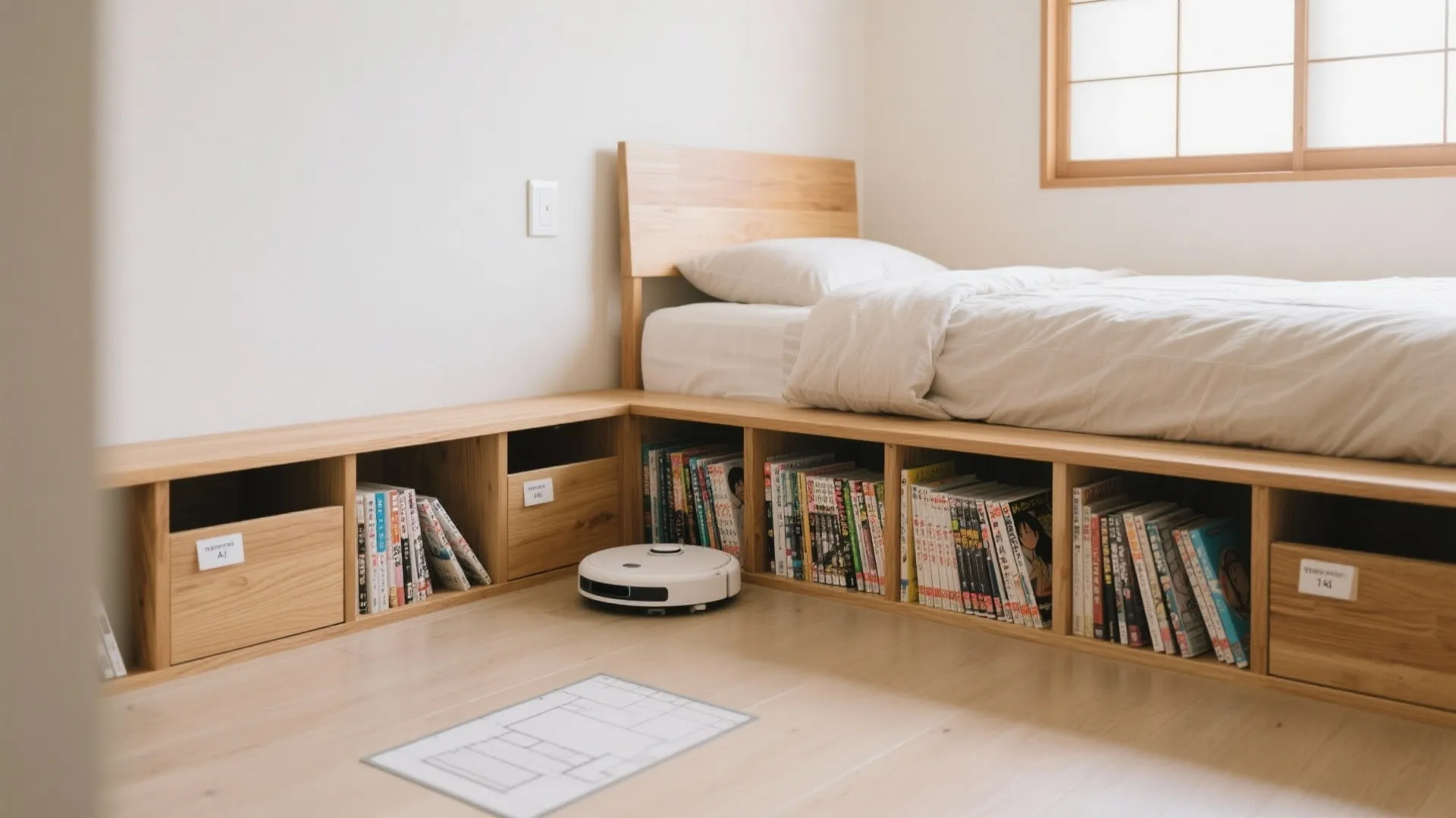 Tips 2: ベッド下・ソファ下の浅型ケースで“隠し収蔵”（収納技巧・動線規劃）