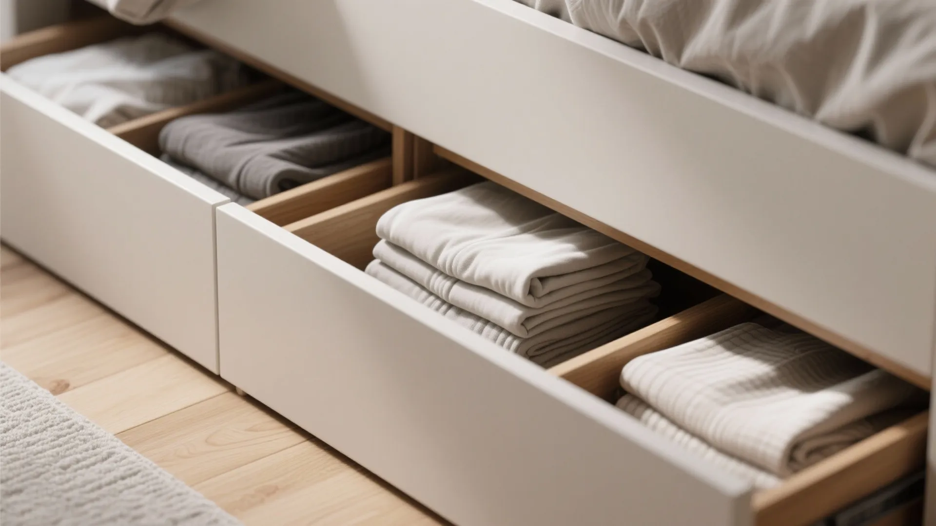 Close up of white wooden bed frame with open storage drawers showing folded clothes inside