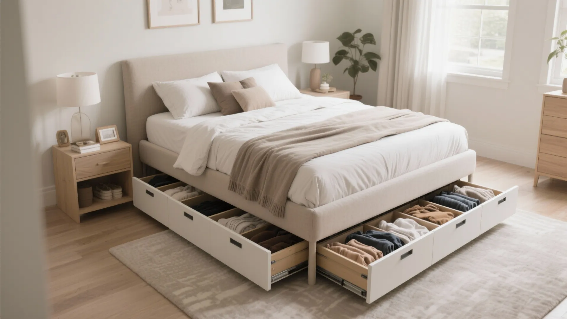 Beige bed with open white underbed storage drawers filled with folded clothes in modern bedroom