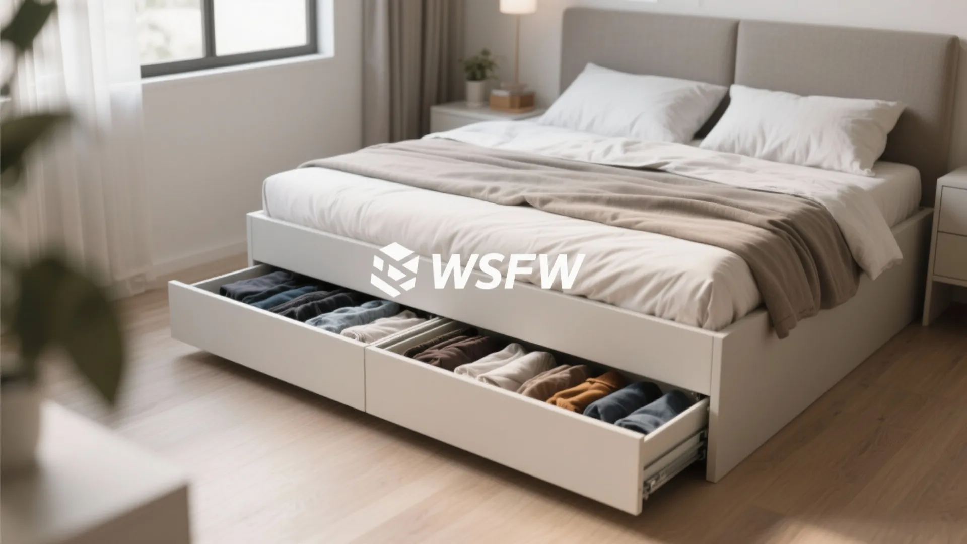 White bed frame with two open drawers underneath containing several neatly folded rows of clothes