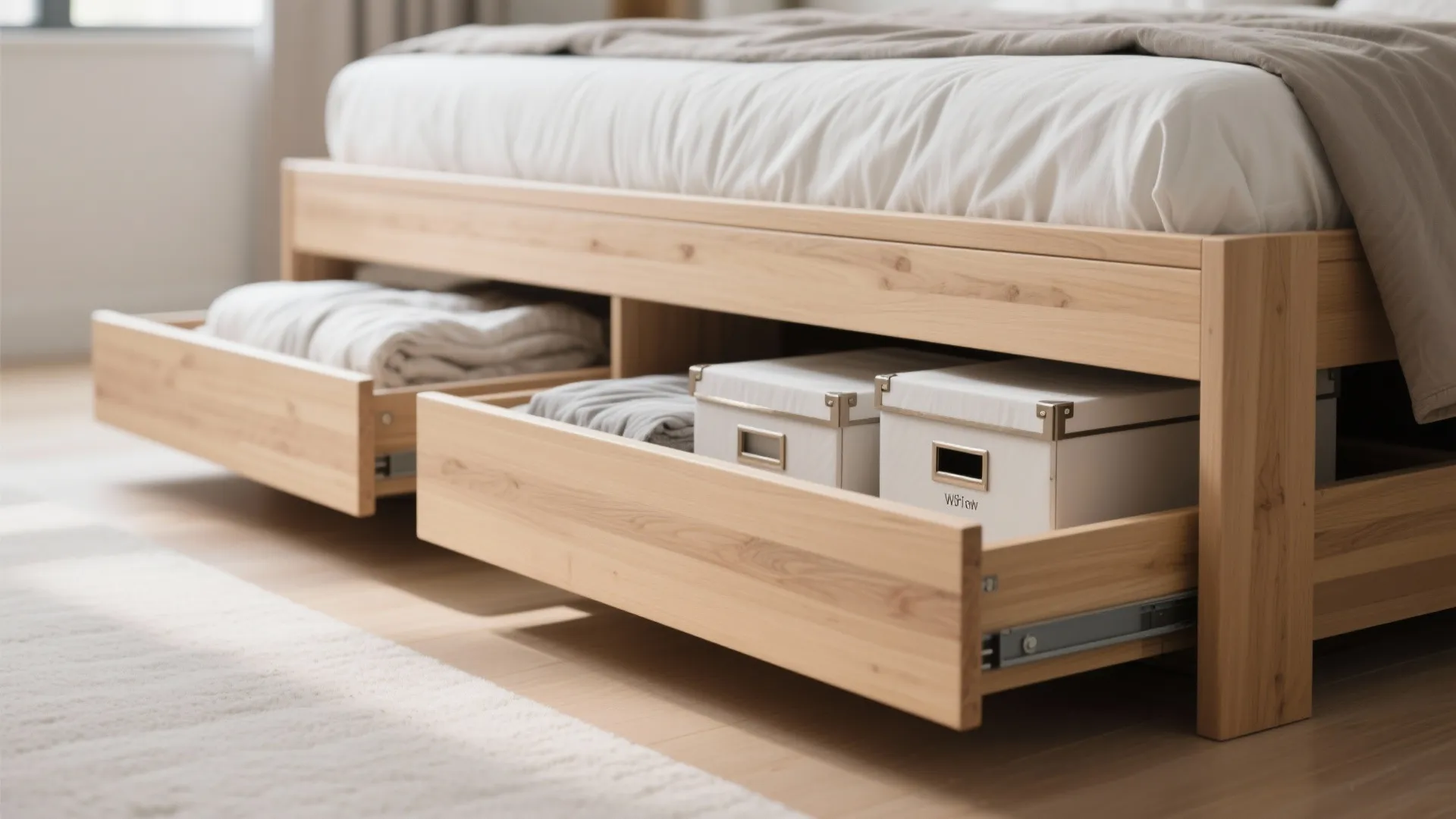 Wooden bed frame with open drawers containing folded blankets and storage boxes on light floor