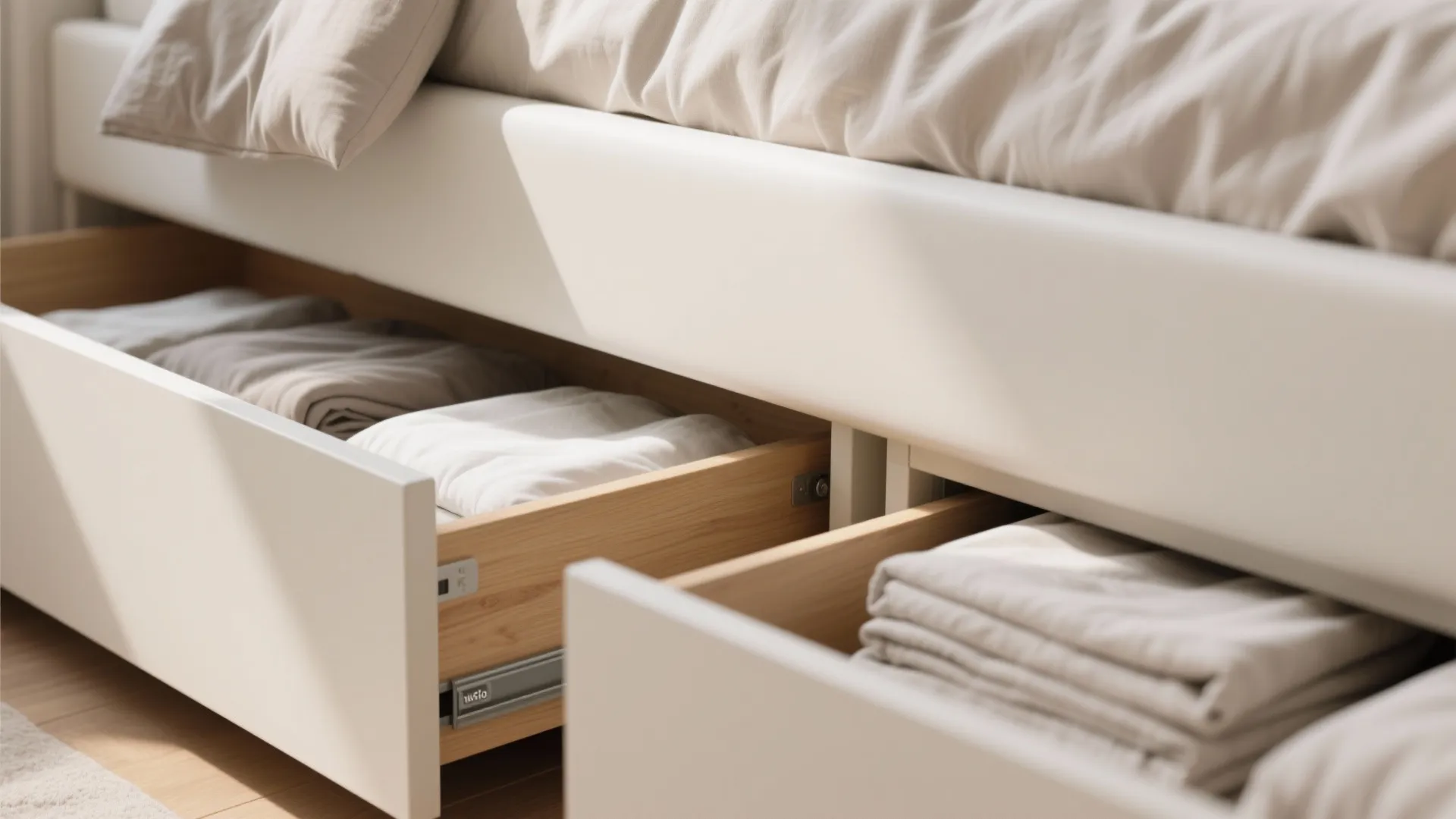 Under bed storage drawers pulled open showing neatly folded white and grey clothes inside bedroom