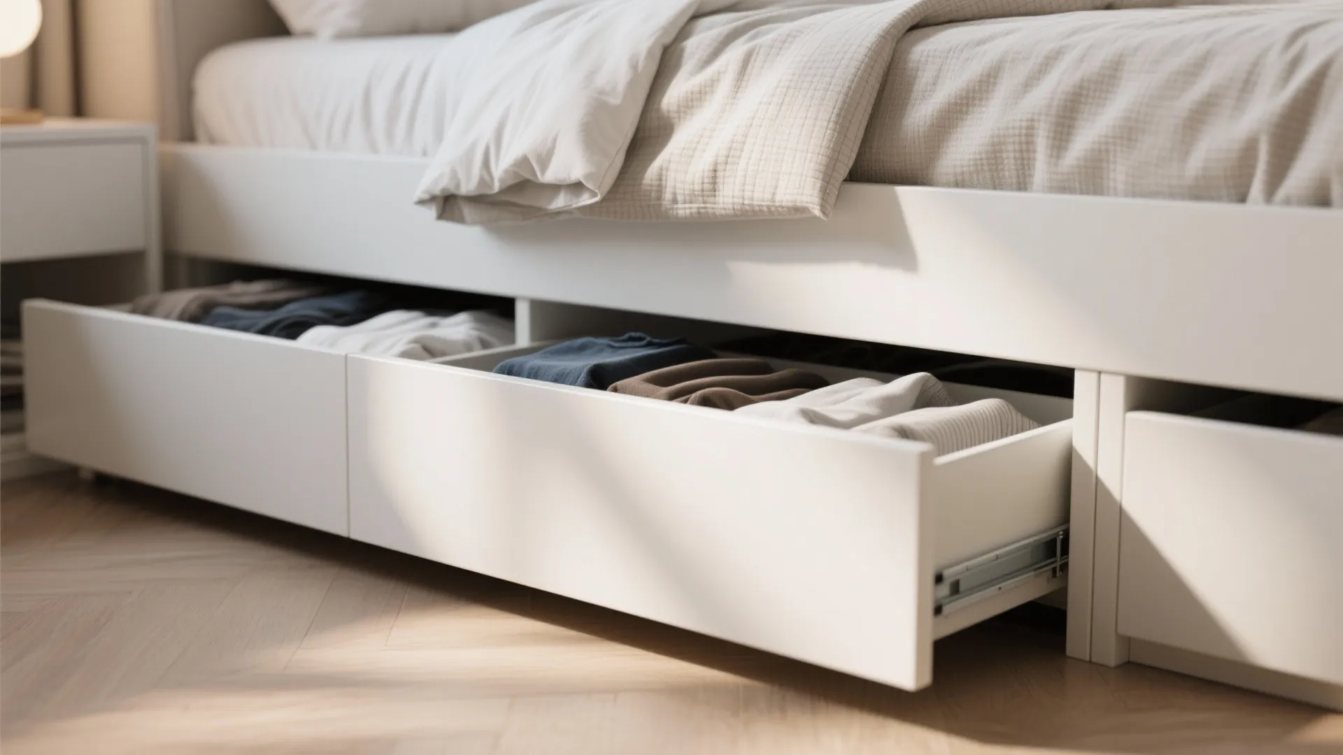 White bed frame with open pull out storage drawers filled with folded clothes and linens