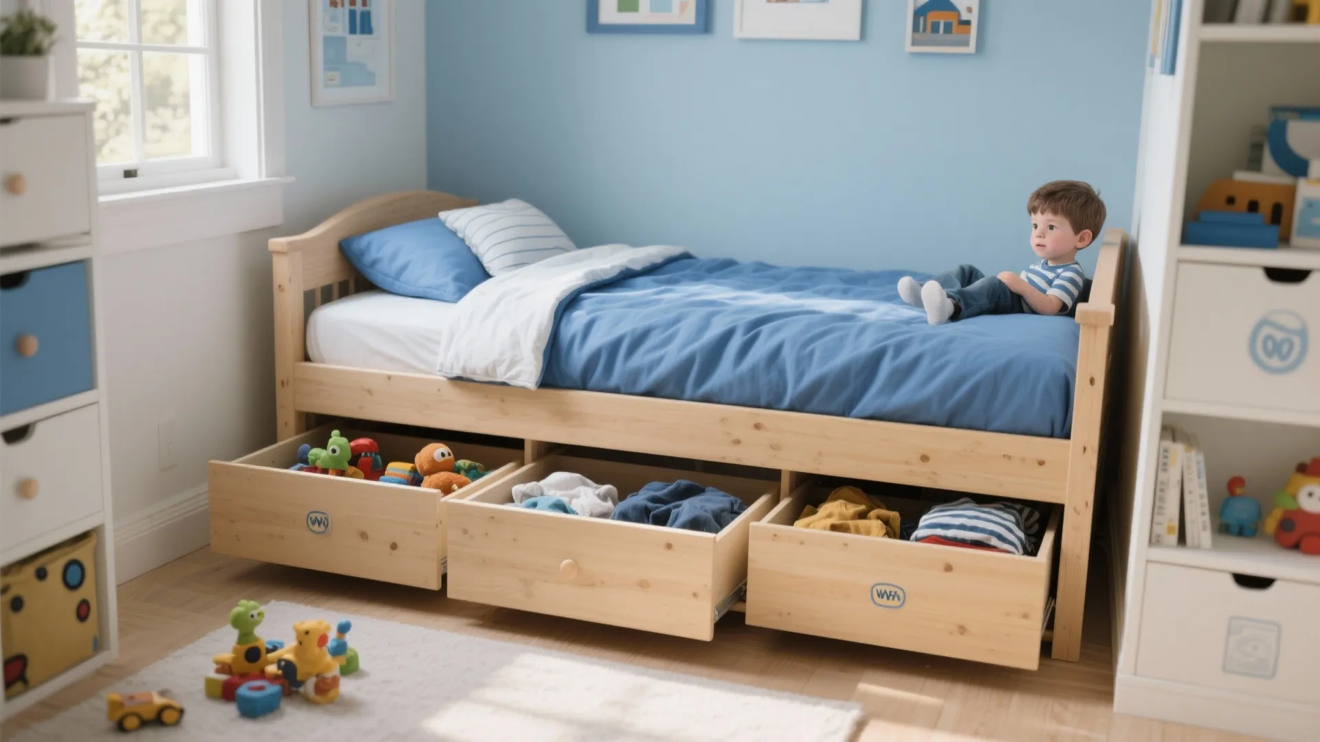 Under-bed drawers filled with toys and clothes in a boys’ bedroom