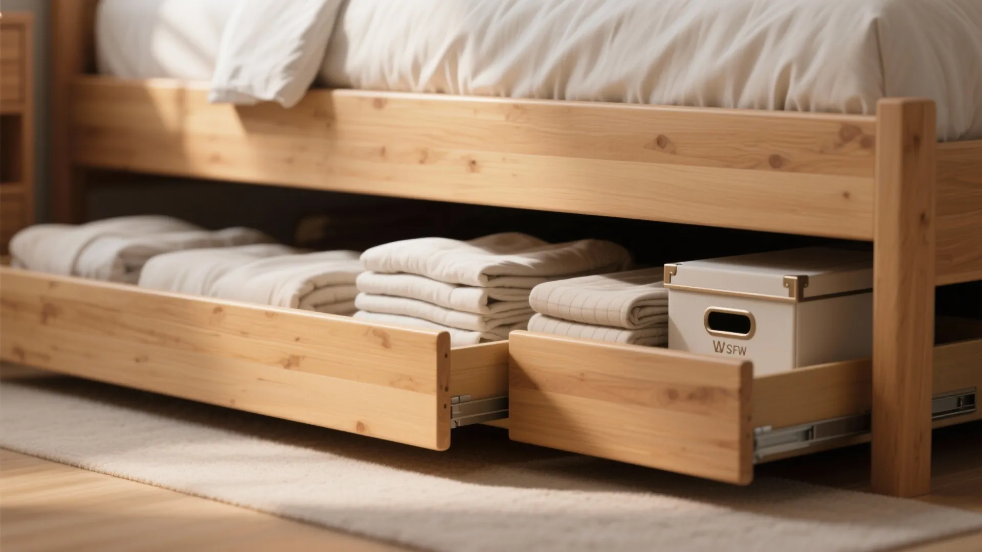 Wooden bed frame with open under bed storage drawers containing folded white linens and box
