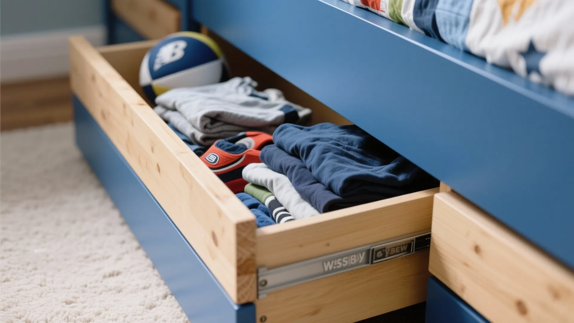 Pull out wooden bed drawer under blue frame containing folded clothes and a sports ball