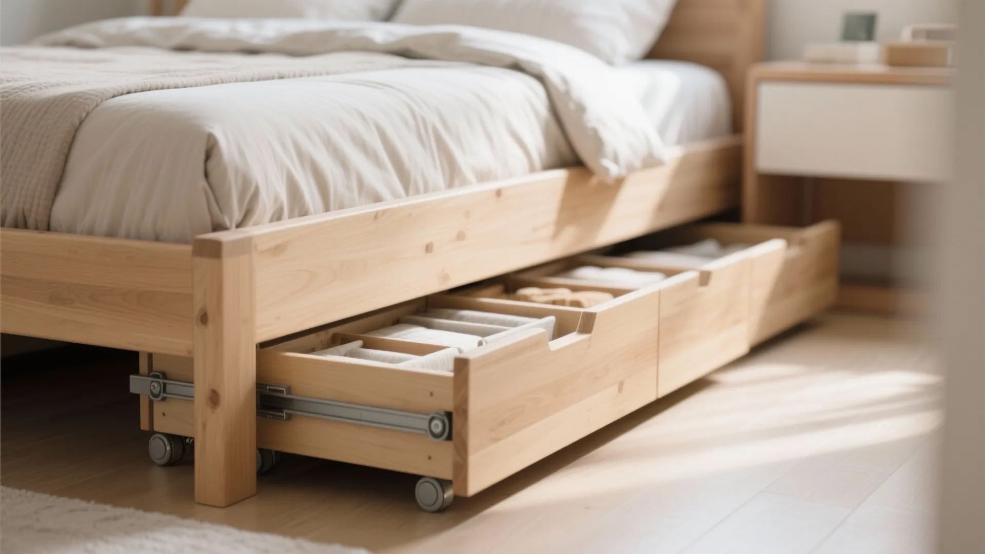 Wooden bed frame with open pull-out storage drawers underneath containing neatly folded clothes and linens