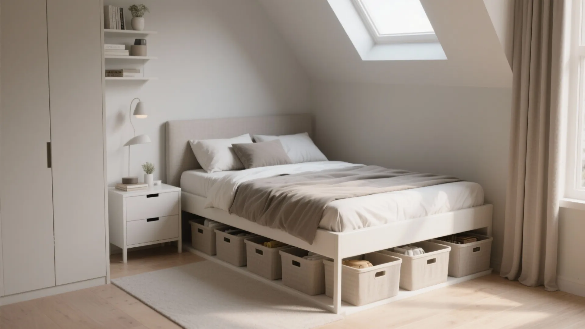 Cozy bedroom with a roof window and many storage boxes organized under white bed frame