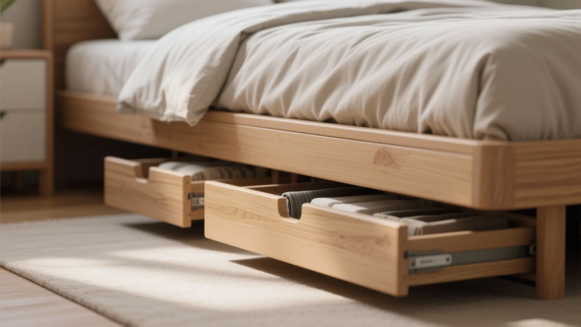 Organized under-bed drawers in a small bedroom