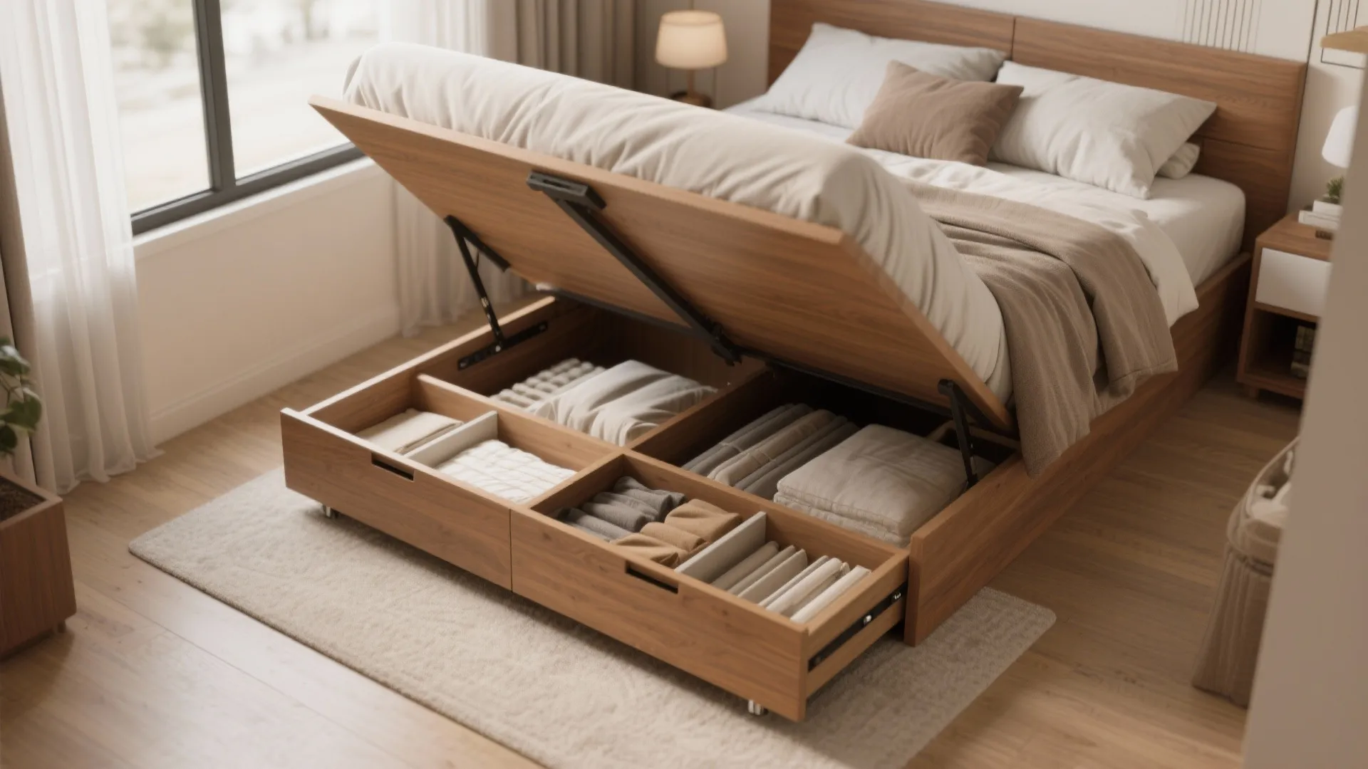 Wooden bed frame with lifted mattress showing storage compartments filled with folded clothes and linens