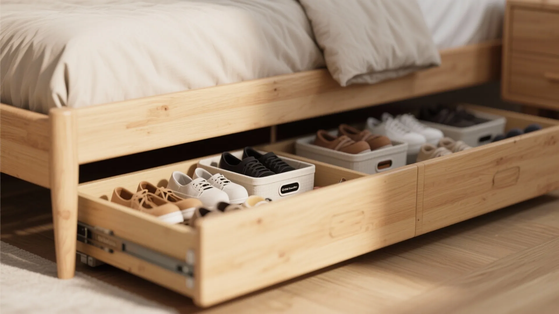Under-bed drawer with organized storage in a small bedroom