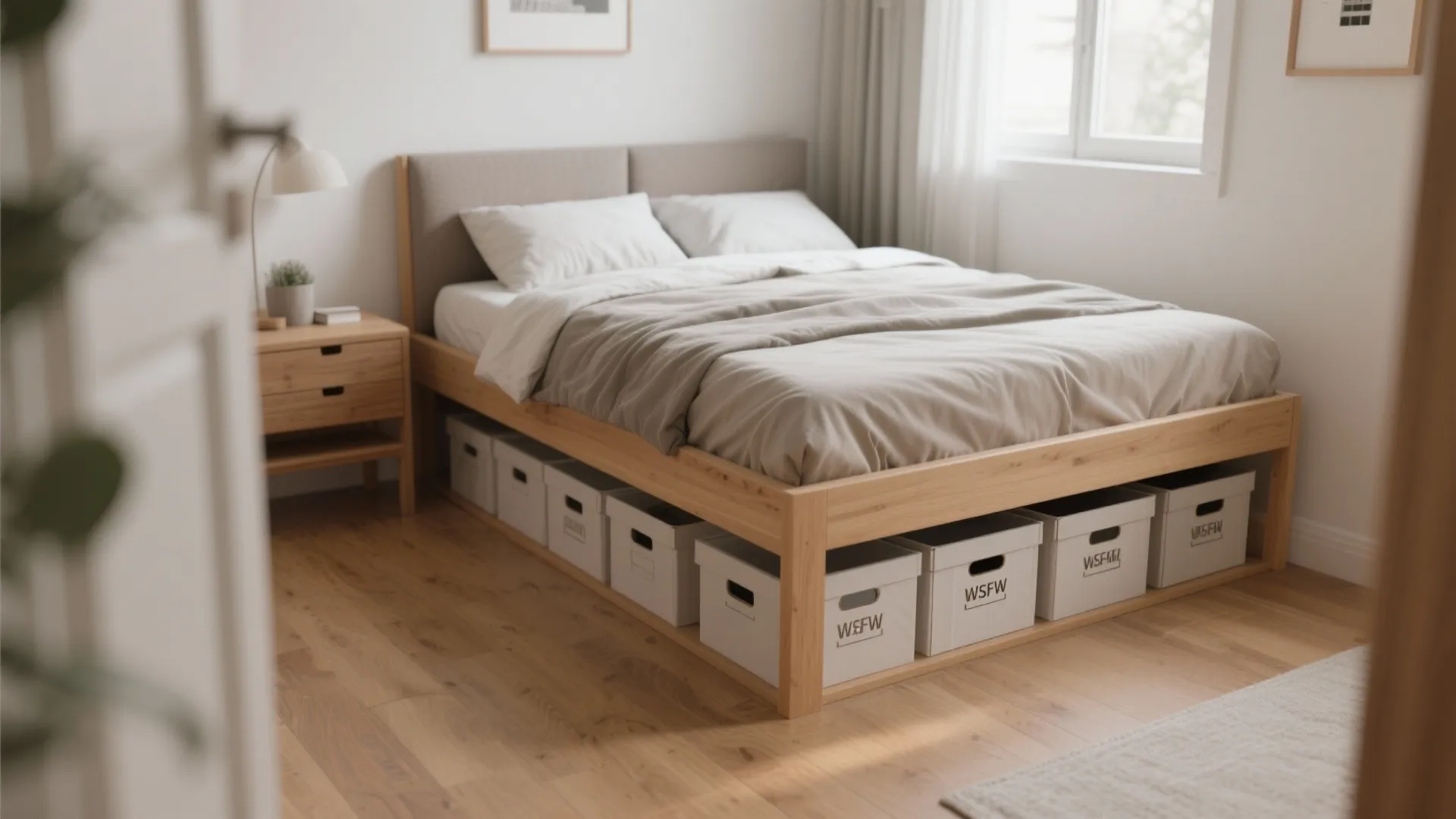 Modern wooden bed frame with white storage boxes underneath in a bright minimalist bedroom interior