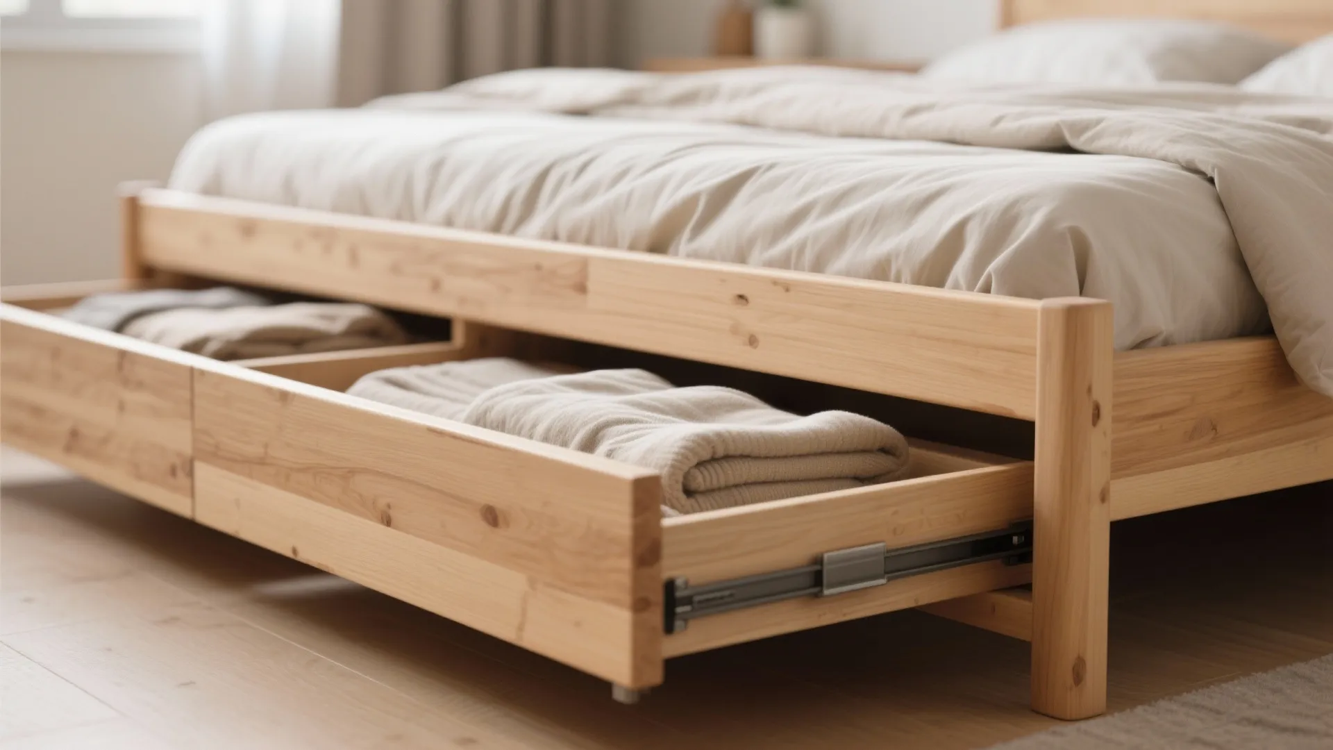 Wooden bed frame with open storage drawer showing folded clothes inside a bright cozy bedroom