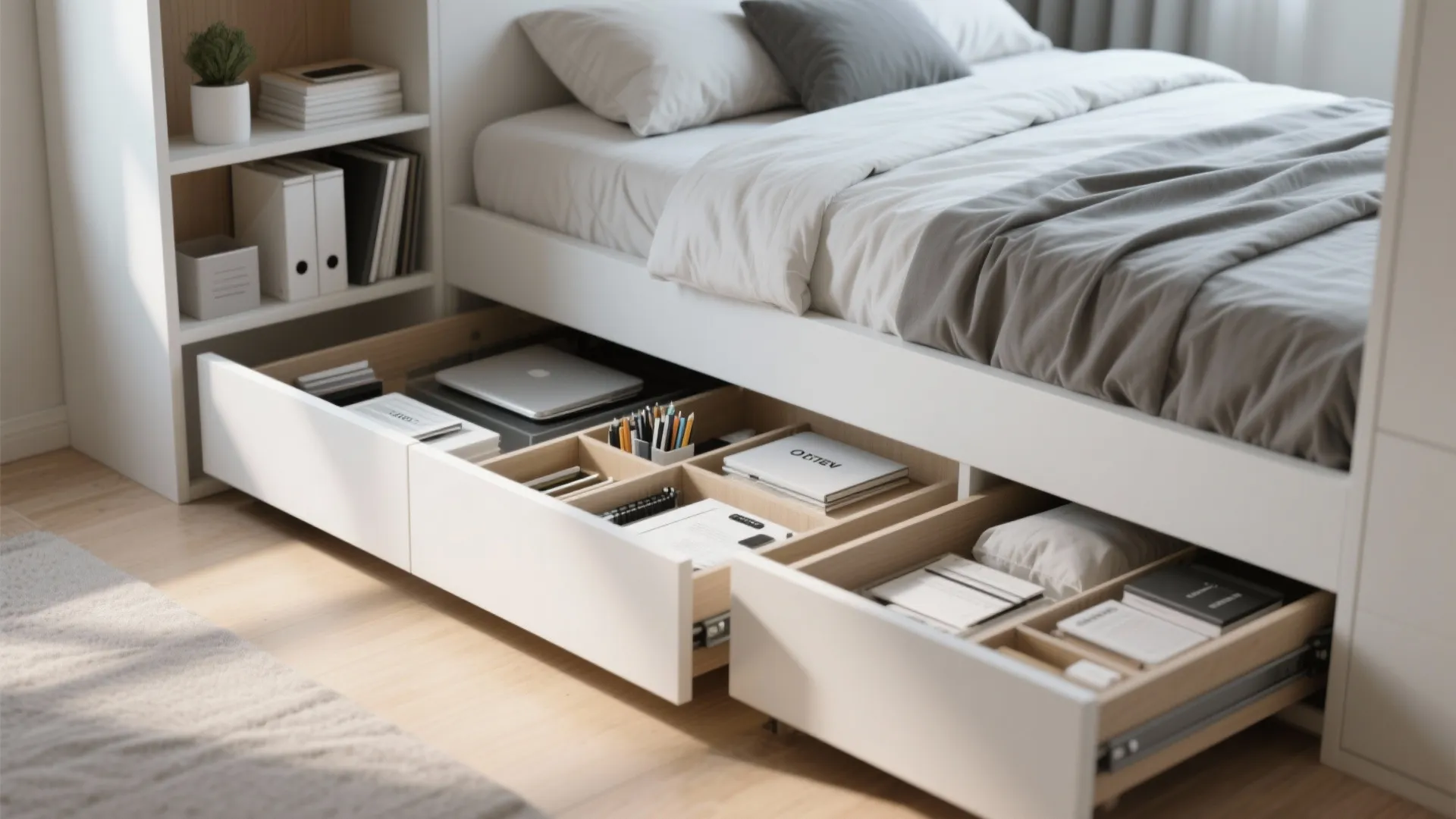 White bed frame with open storage drawers containing books notebooks and stationary on wooden floor