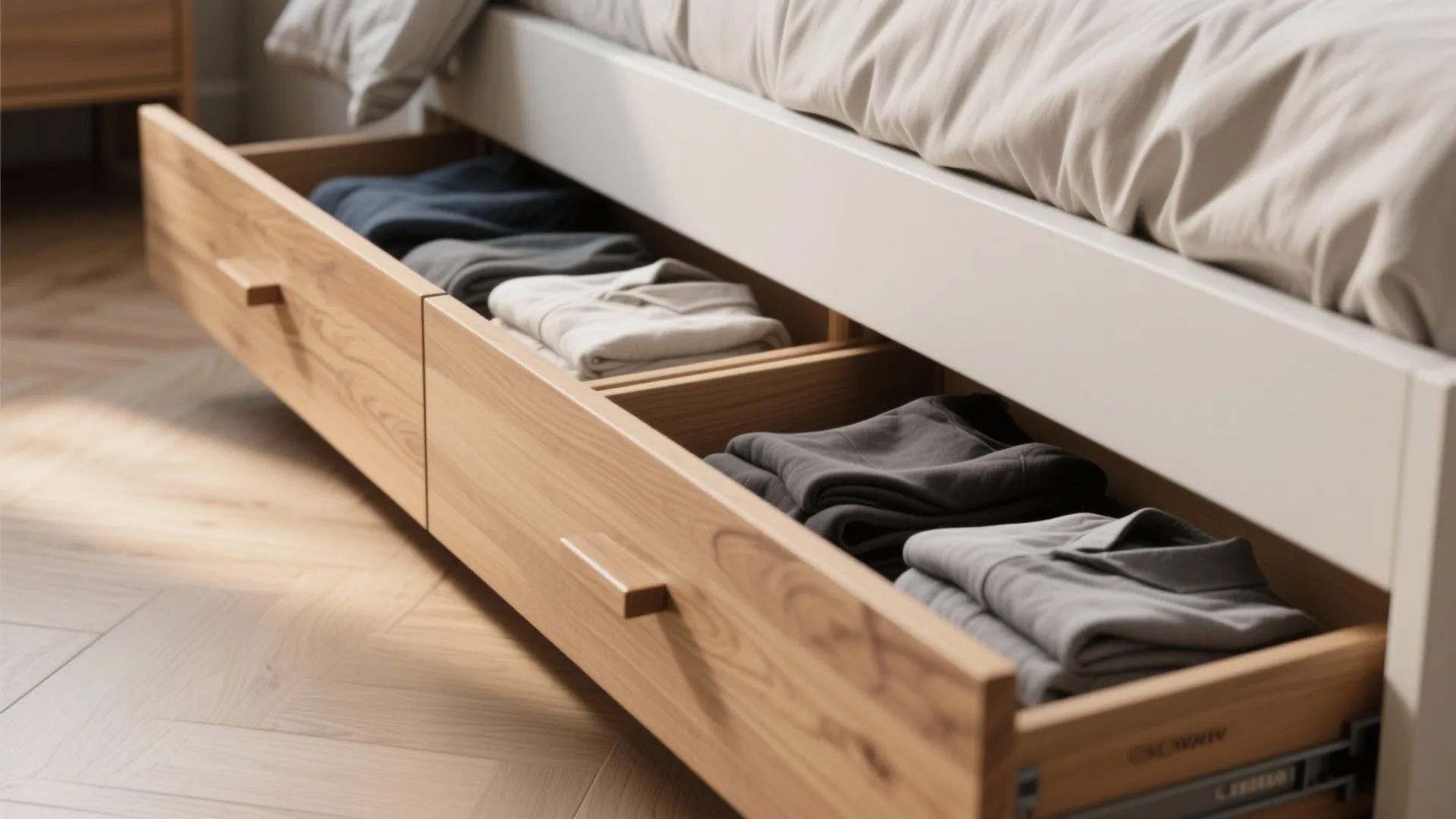 Wooden under bed storage drawers filled with folded clothes on a light wood parquet floor