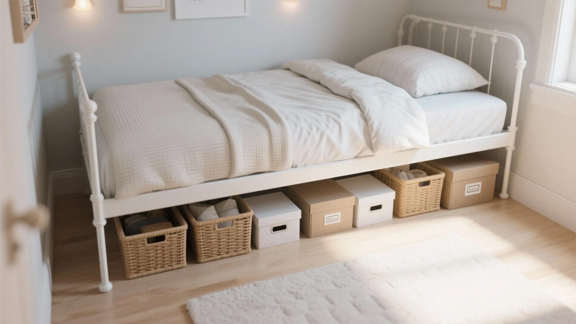 Organized under-bed storage baskets beneath white metal bed