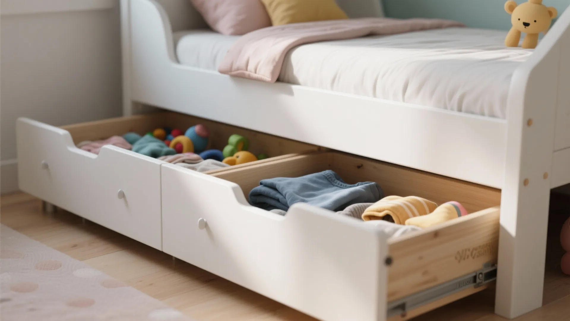 White bed frame with open wooden under bed storage drawers containing colorful clothes and toys