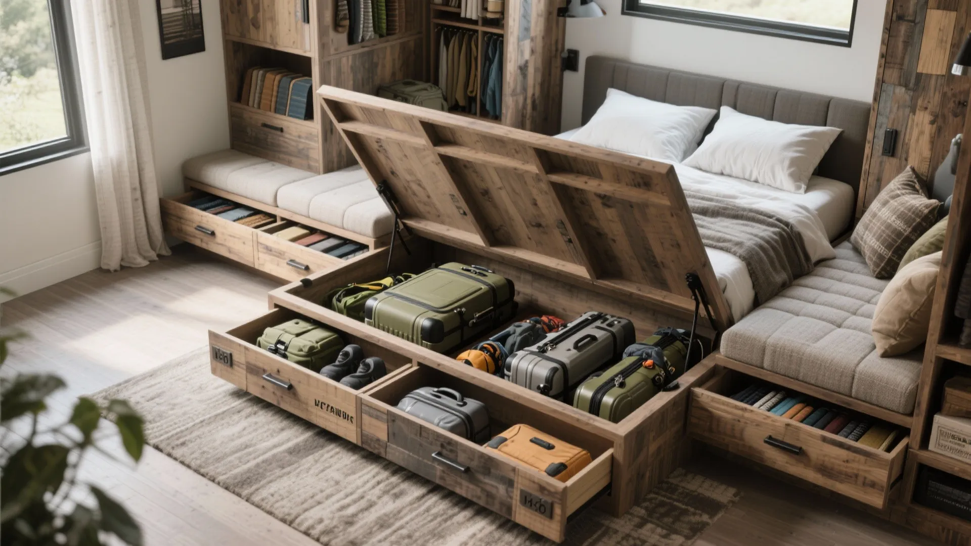 2. Built-in storage under beds and seating