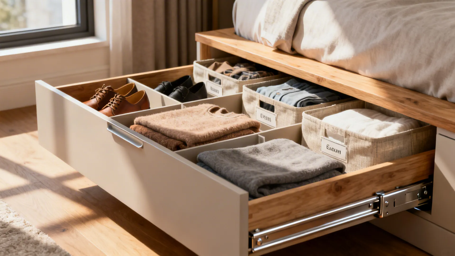 Compartmentalized pull-out drawers under a storage platform bed with shoes and linens organized.