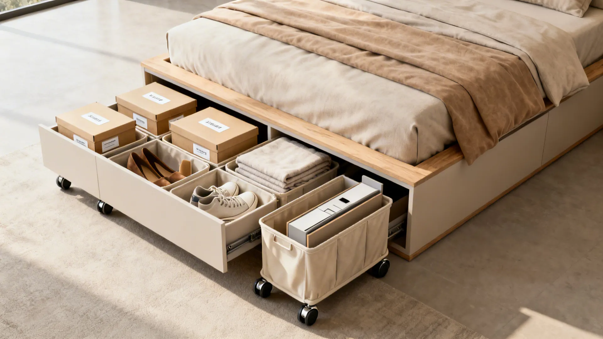 Under-bed drawers and rolling bins storing linens, shoes and a slim guest office kit.