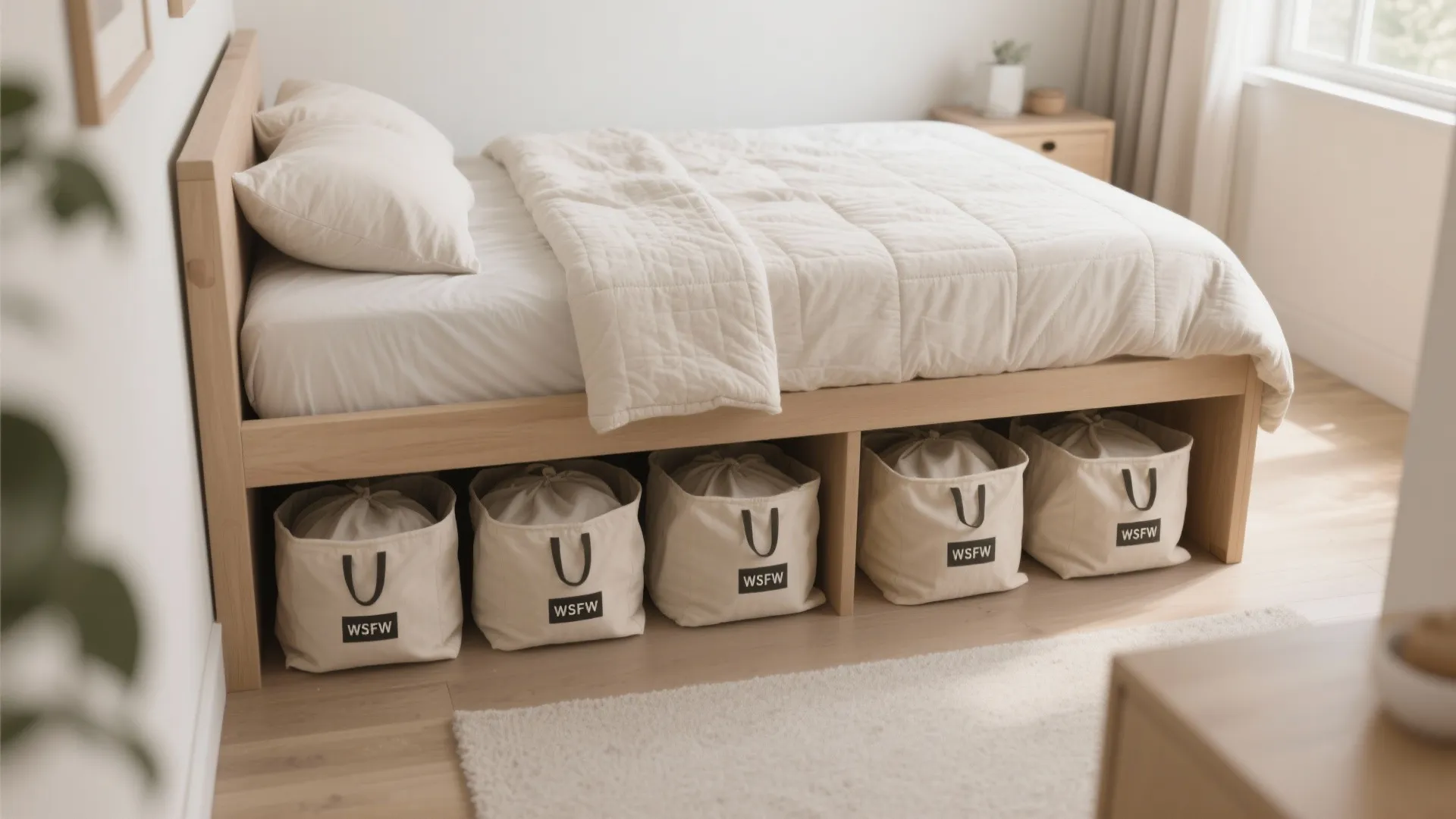 Under-bed storage with breathable bedding bags