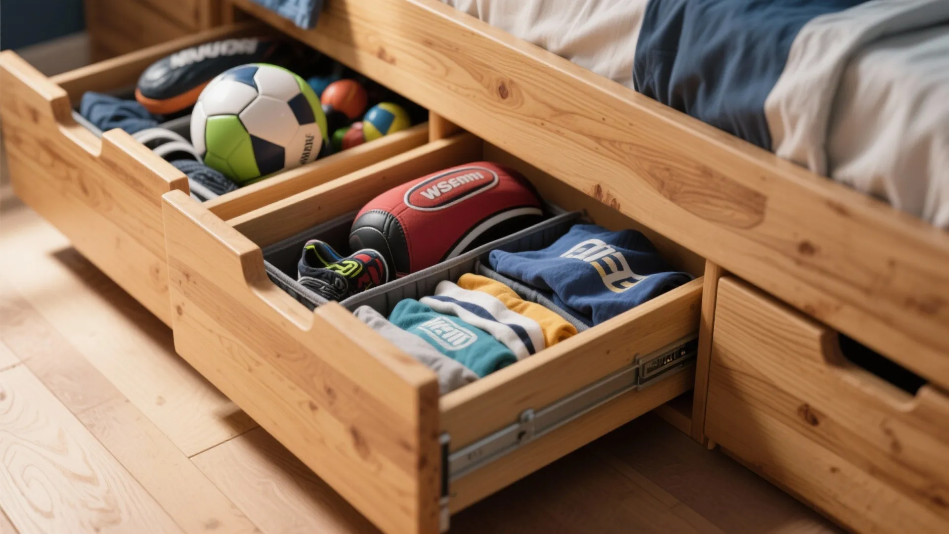 Wooden under bed storage drawers pulled out showing organized sports balls and folded colorful clothes