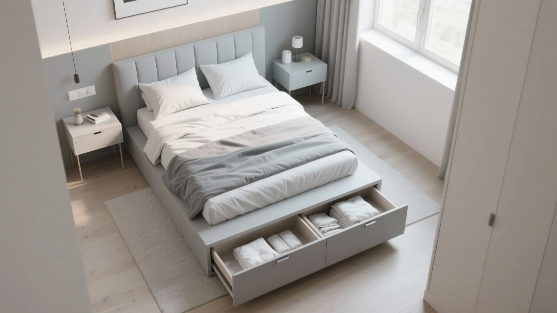 3. Smart Storage under a Grey Bed