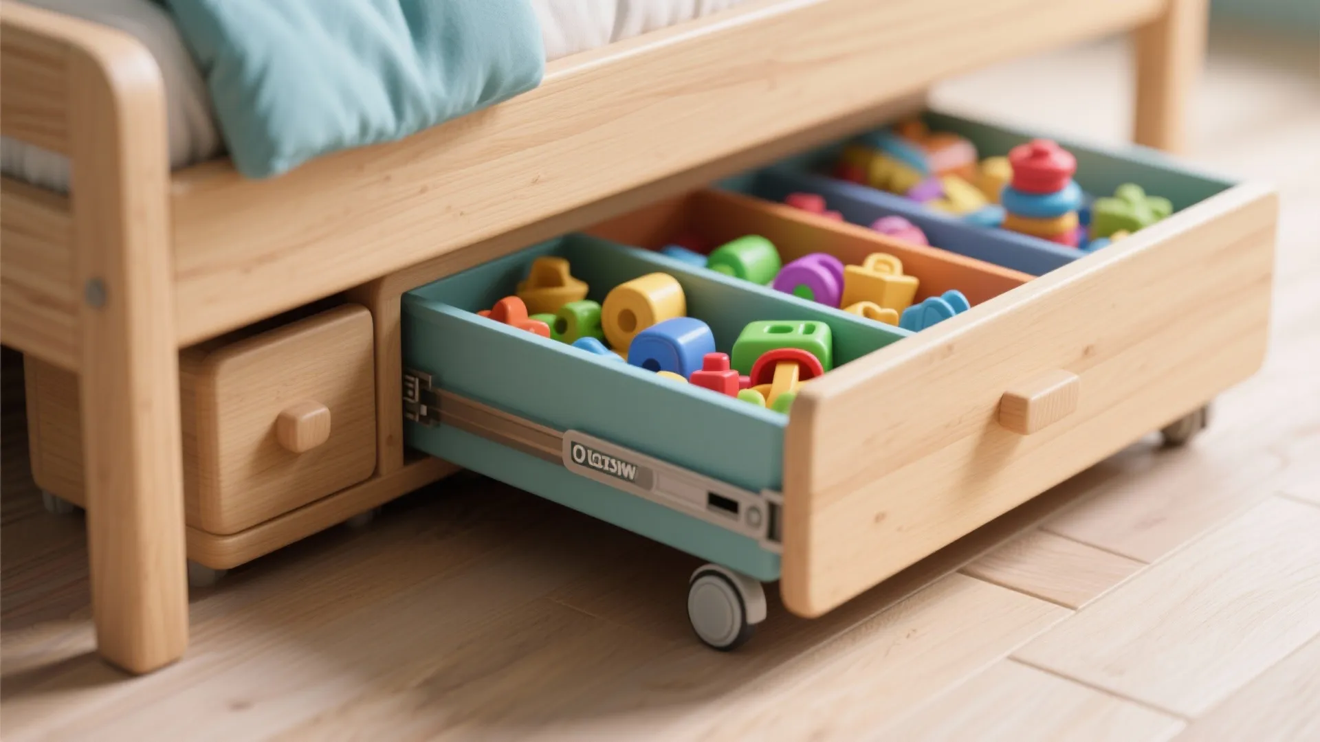 Wooden bed with a large blue pull out drawer on wheels filled with colorful toys