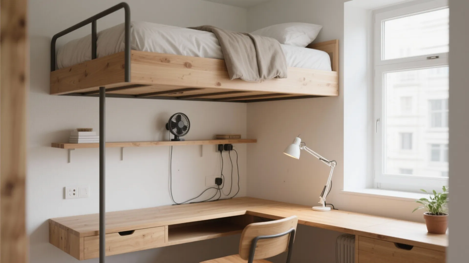 Wooden loft bed above a desk with desk lamp small fan and chair in bedroom