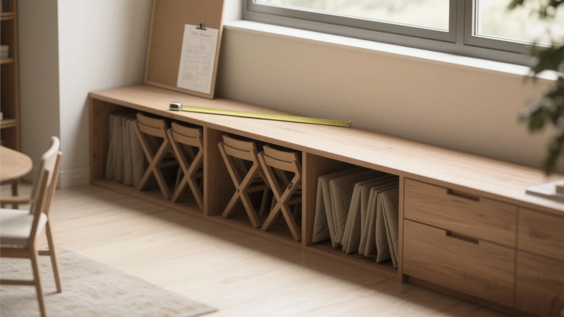 Wooden storage cabinet under window with folded chairs cushions and yellow measuring tape on top