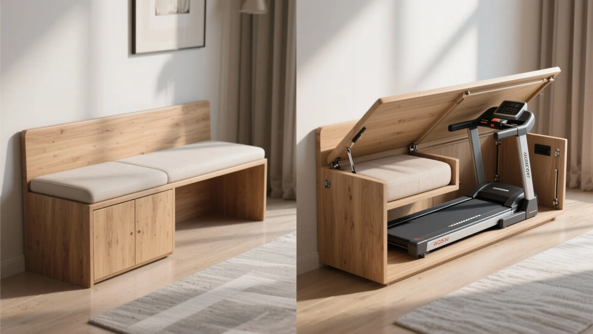 4. Combine treadmill storage with furniture — under a bench or within a cabinet