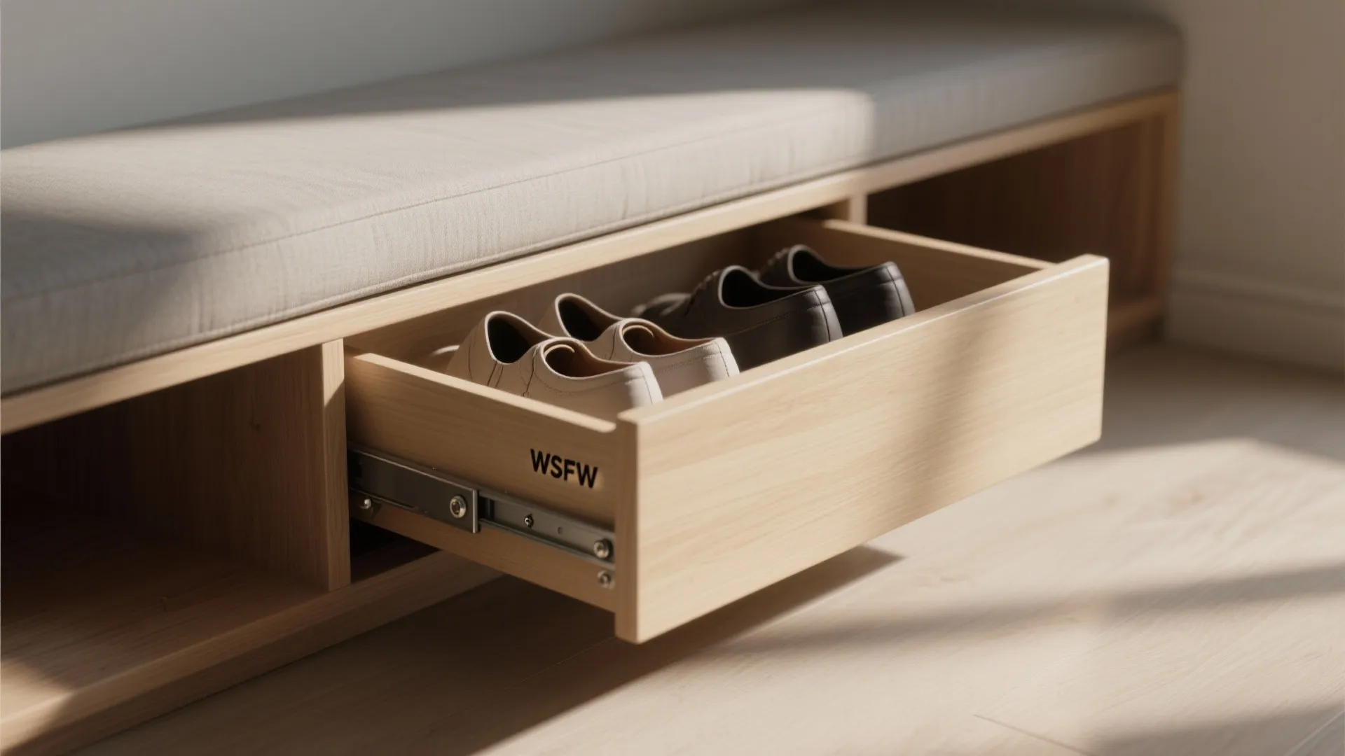 Light wood entryway bench with a pull out drawer storing two pairs of leather shoes