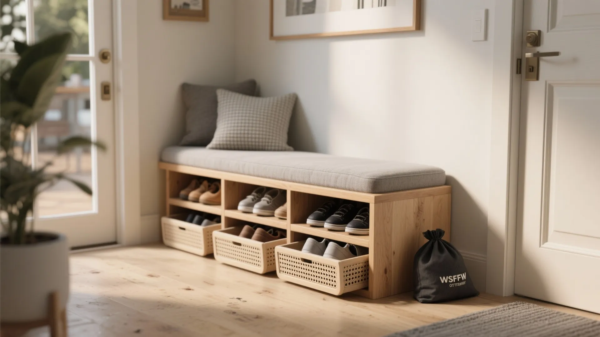 Wooden entryway bench with grey cushion pillow and built in shelves holding shoes and baskets