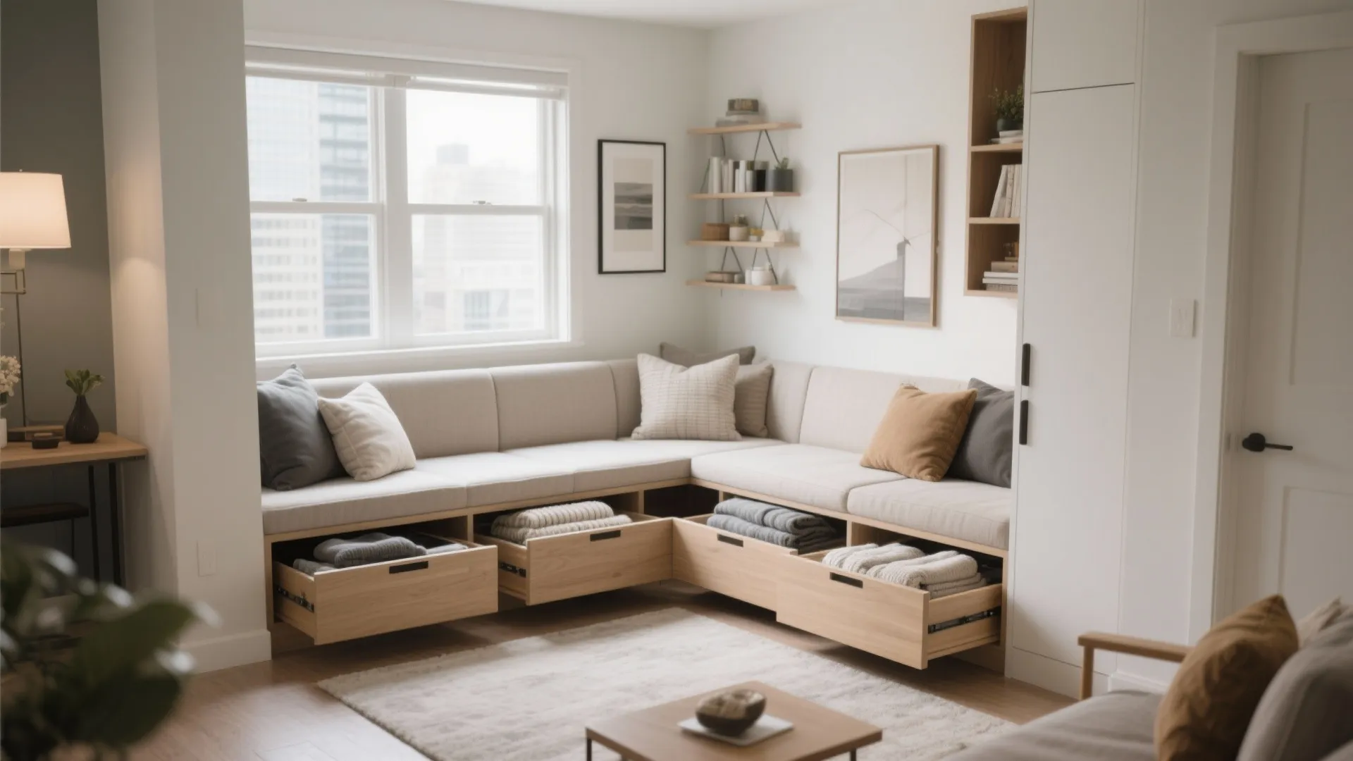 Corner built-in bench with open storage drawers containing folded clothes in a modern white room