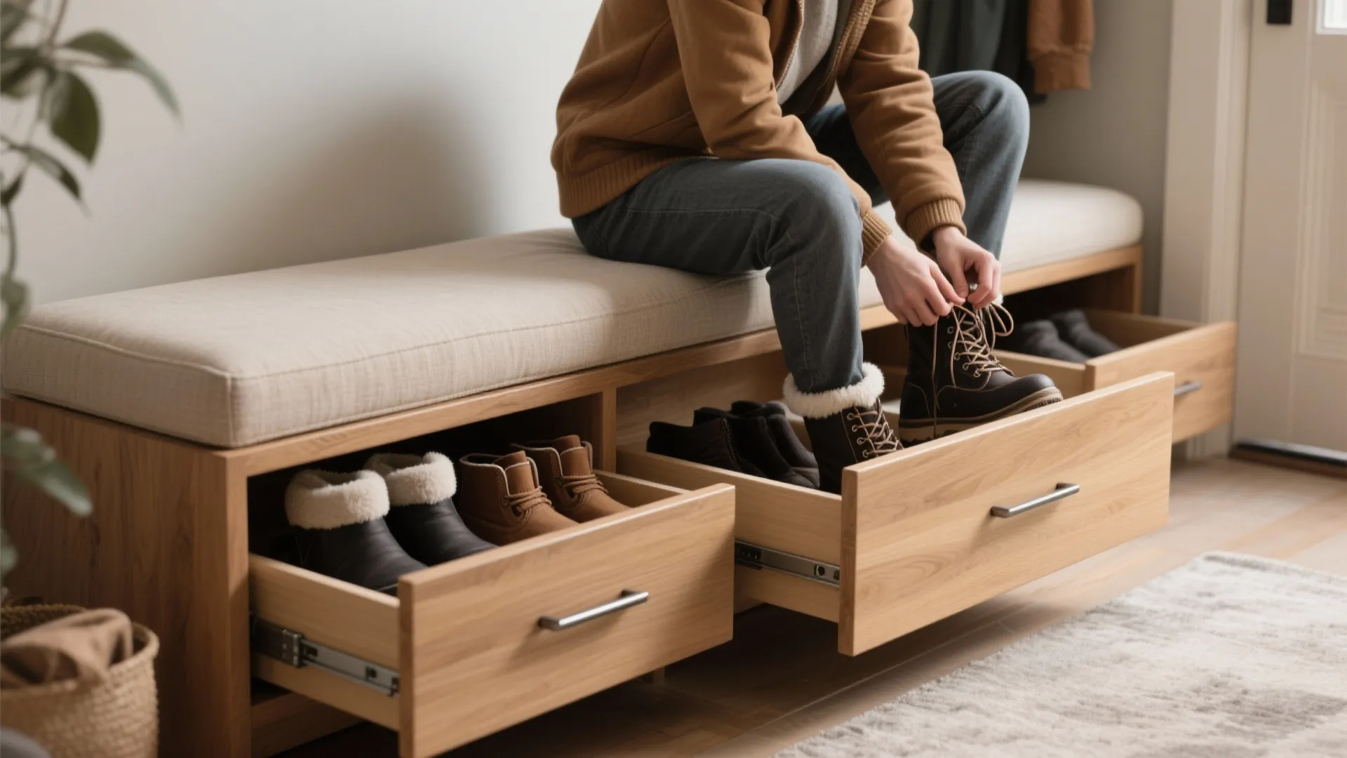 Wooden entryway bench with cushioned top featuring pull out drawers used for organized shoe storage space