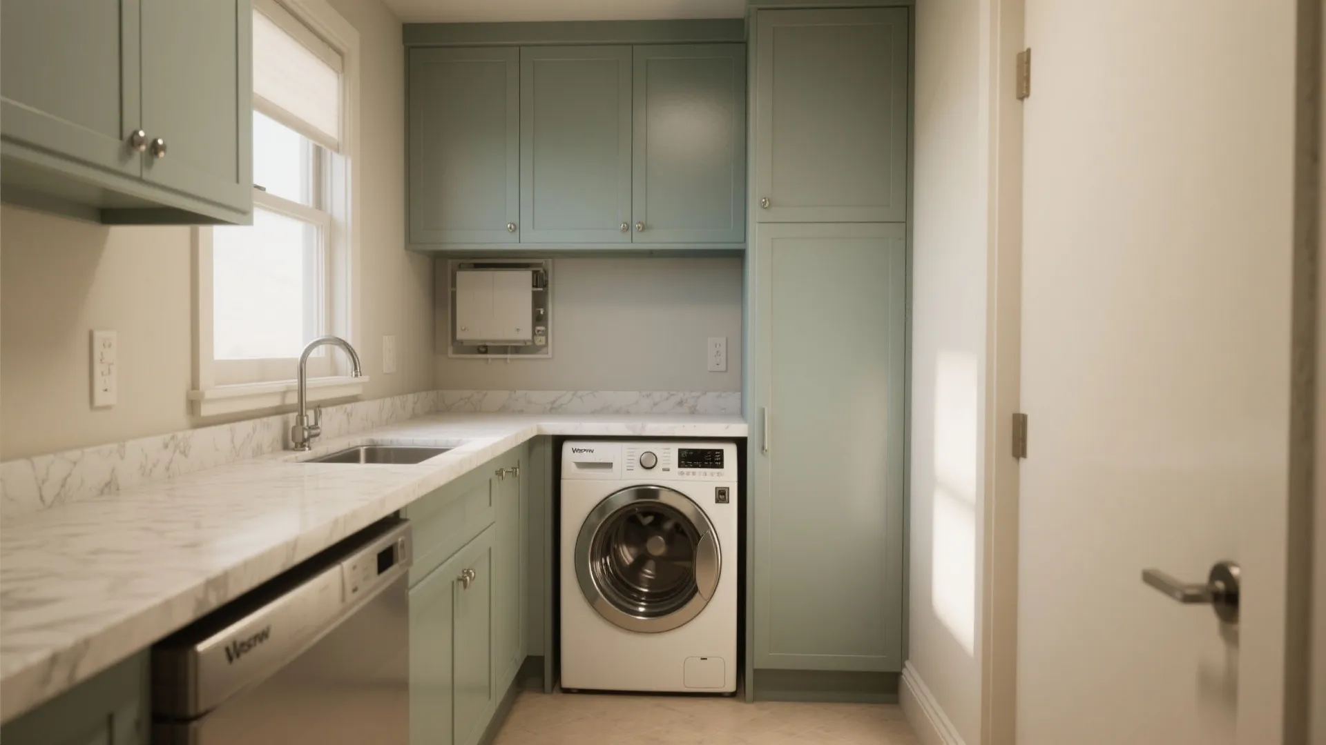 Small laundry room layout with green cabinets white marble counters sink and front loading washing machine